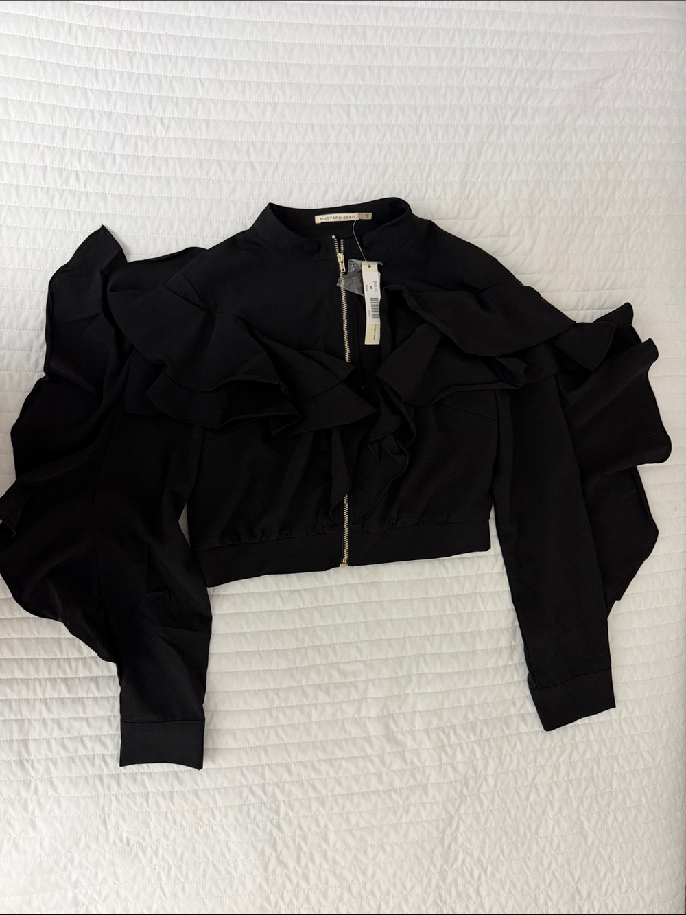 Mustard Seed Black Ruffled Zip-Front Women's Blouse